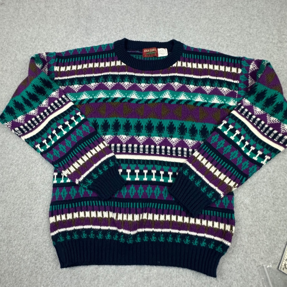 High Sierra Mervyns Vintage 90s Geometric Fair Isle Knit Sweater XL Purple Teal